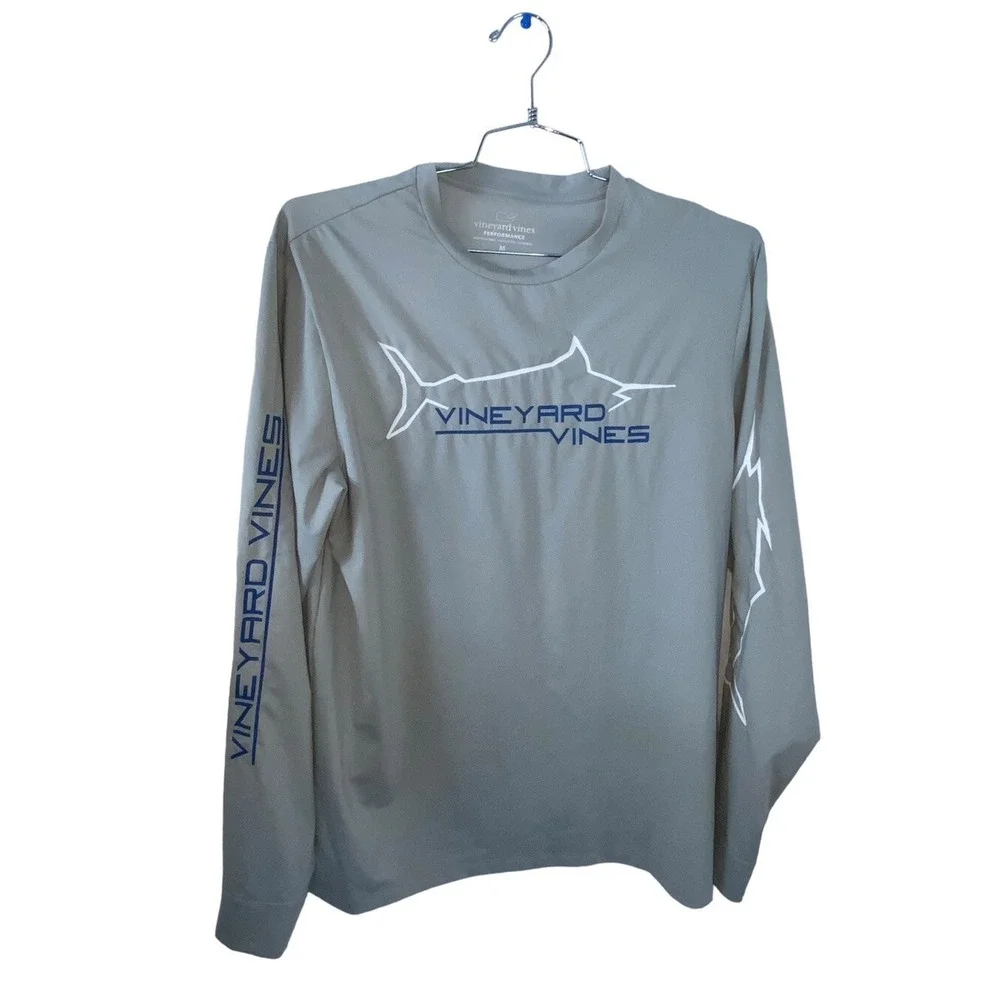 Vineyard Vines Performance Mens Medium Gray White Spell Out Logo Pullover Fish